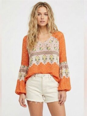 Anthropologie Orange Mix-Print V-Neck Peasant Blouse